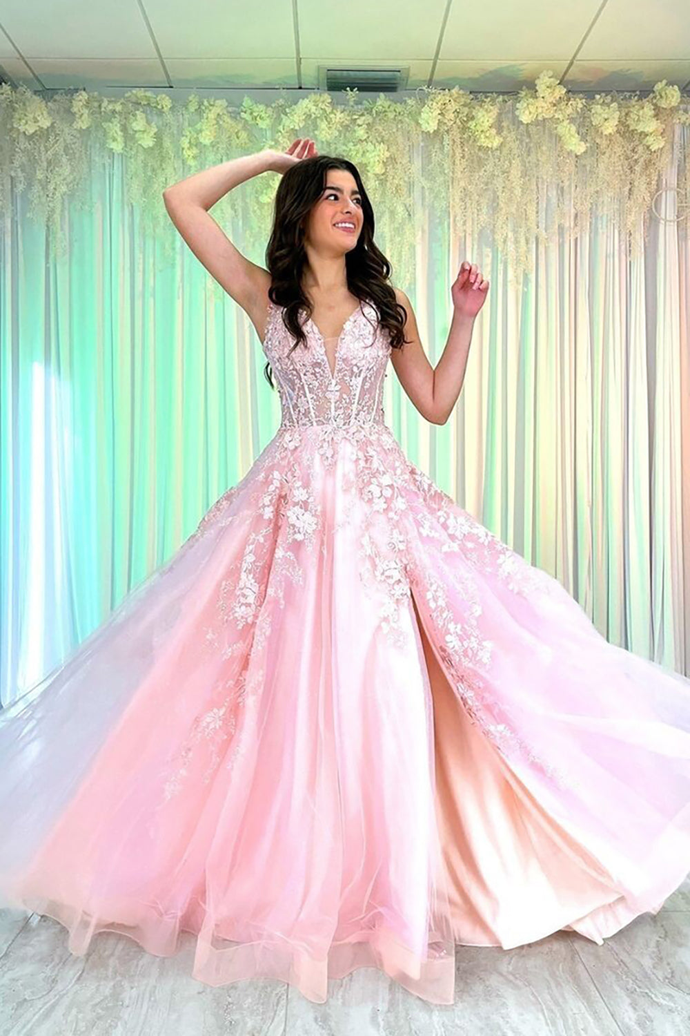 Dreamyannie Pink Prom Dress Floral A Line Corset Lace Formal Dress With Slit