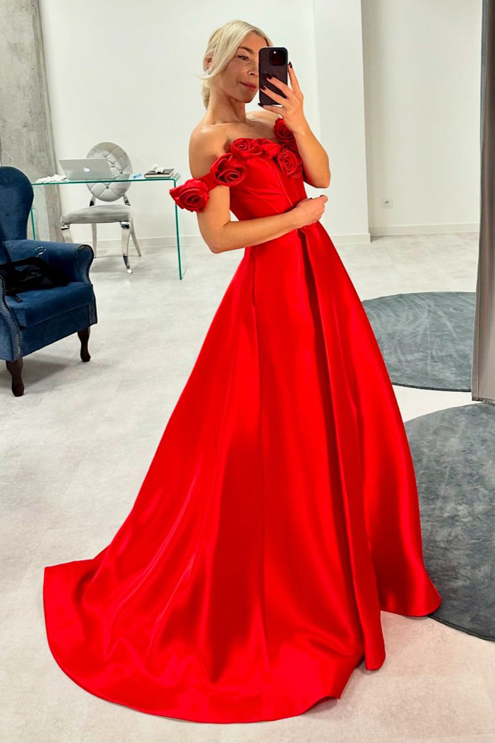 Dreamyannie Pink Prom Dress Floral A-Line Off The Shoulder Long Formal Dress With Slit
