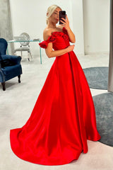 Dreamyannie Pink Prom Dress Floral A-Line Off The Shoulder Long Formal Dress With Slit