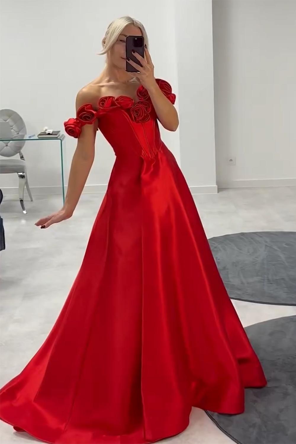 Dreamyannie Pink Prom Dress Floral A-Line Off The Shoulder Long Formal Dress With Slit