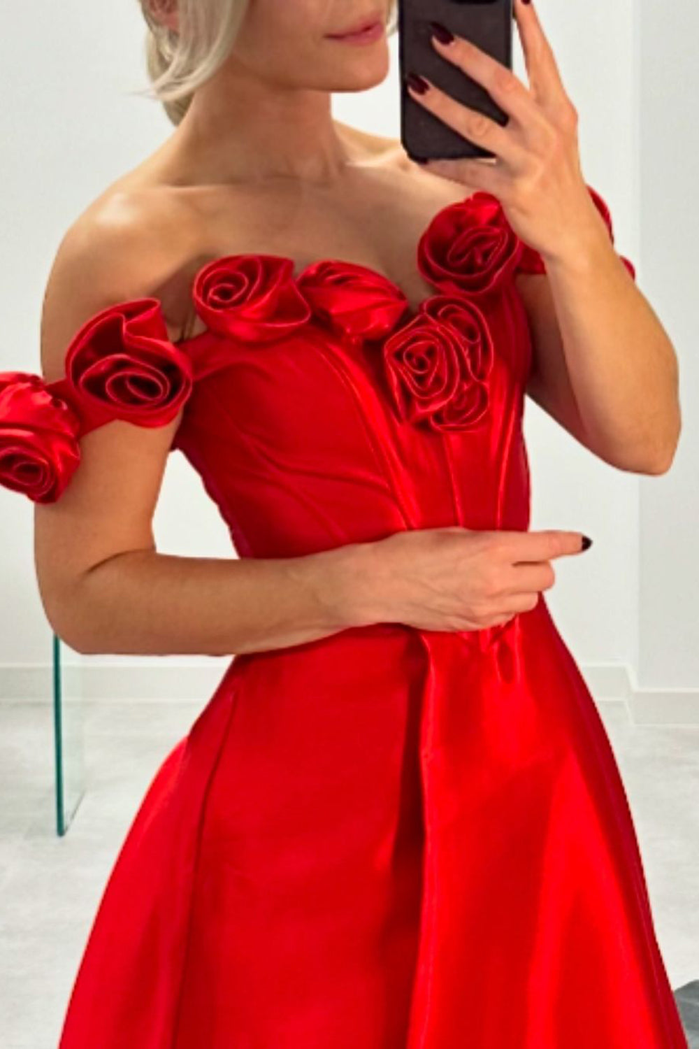 Dreamyannie Pink Prom Dress Floral A-Line Off The Shoulder Long Formal Dress With Slit