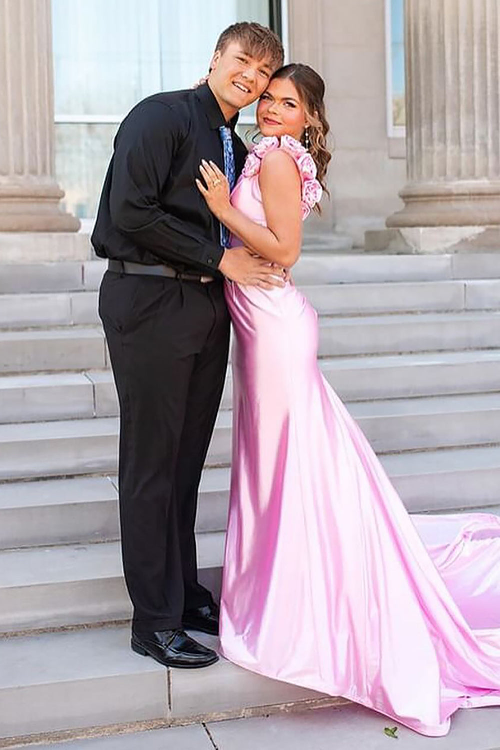 Dreamyannie Pink Prom Dress Floral V-Neck Satin Mermaid Long Formal Dress