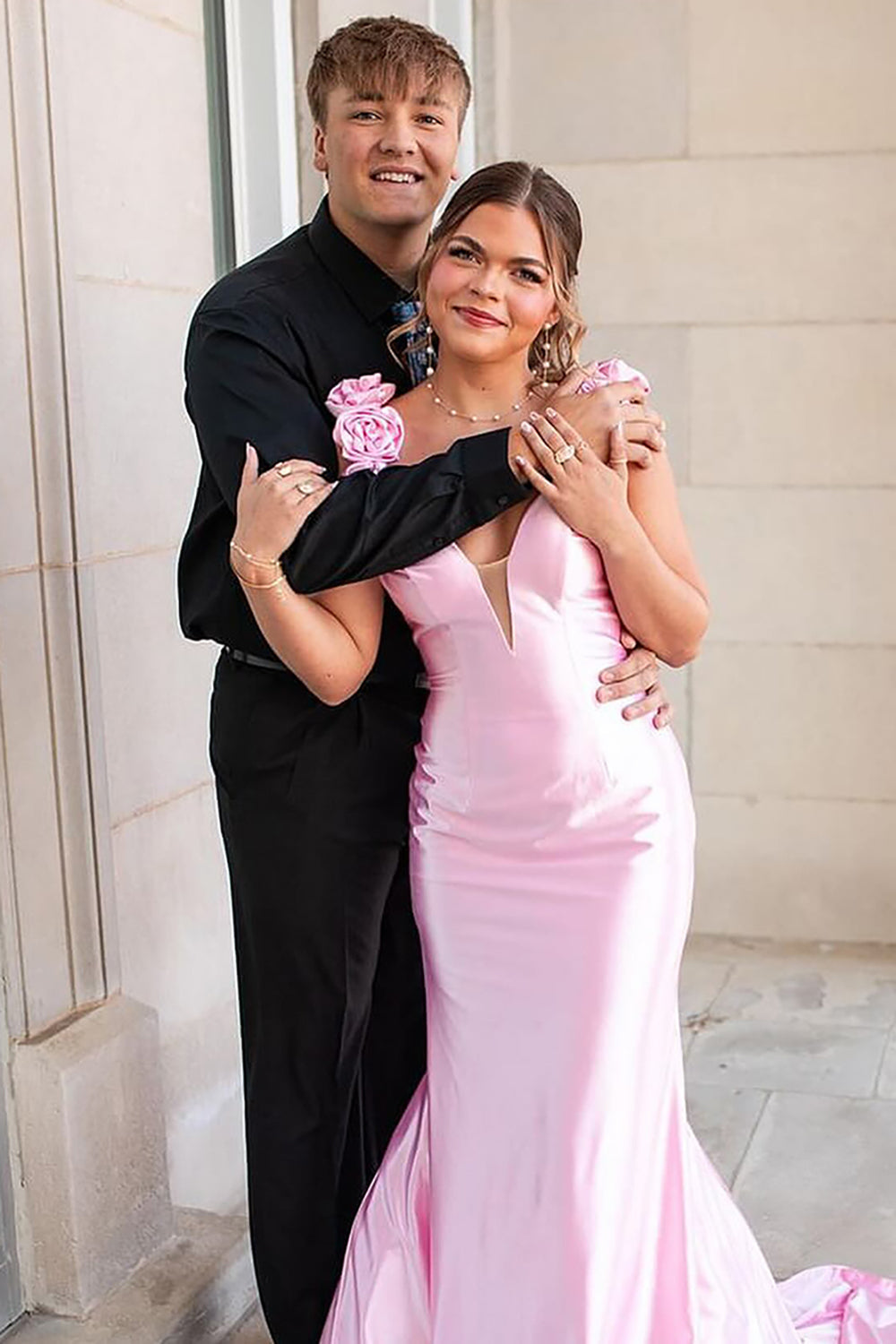 Dreamyannie Pink Prom Dress Floral V-Neck Satin Mermaid Long Formal Dress