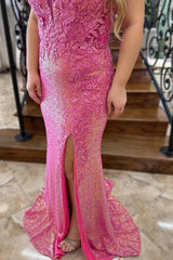 Dreamyannie Pink Prom Dress Long Lace Formal Dress With Slit