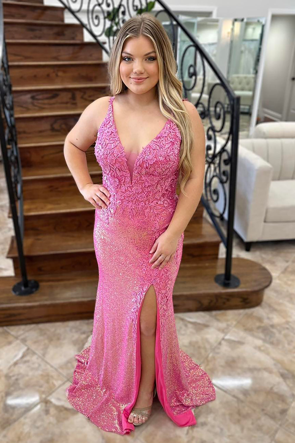 Dreamyannie Pink Prom Dress Long Lace Formal Dress With Slit