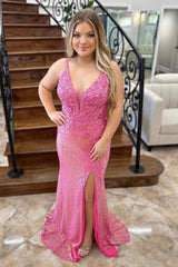 Dreamyannie Pink Prom Dress Long Lace Formal Dress With Slit