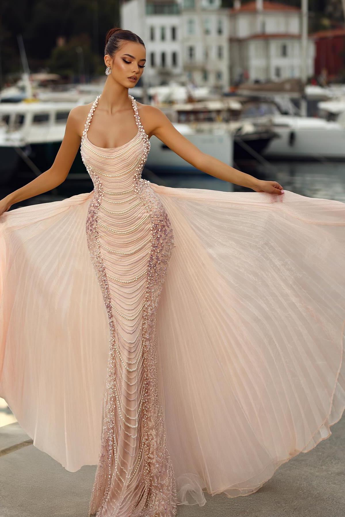 Dreamyannie Pink Prom Dress Mermaid Halter Strapless Sleeveless Beaded Pearls Formal Dress With Detachable Train