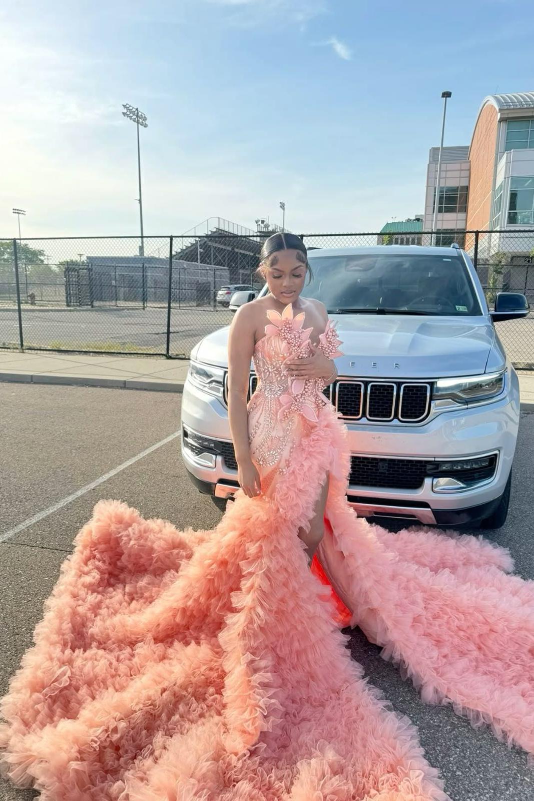 Dreamyannie Pink Prom Dress Mermaid Sleeveless Beading Pearls Formal Dress With Slit