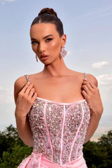 Dreamyannie Pink Prom Dress Mermaid Spaghetti Straps Beading Pearls Satin Formal Dress With Slit