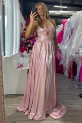 Dreamyannie Pink Prom Dress Metallic Pleated A-Line Long Formal Dress With Slit
