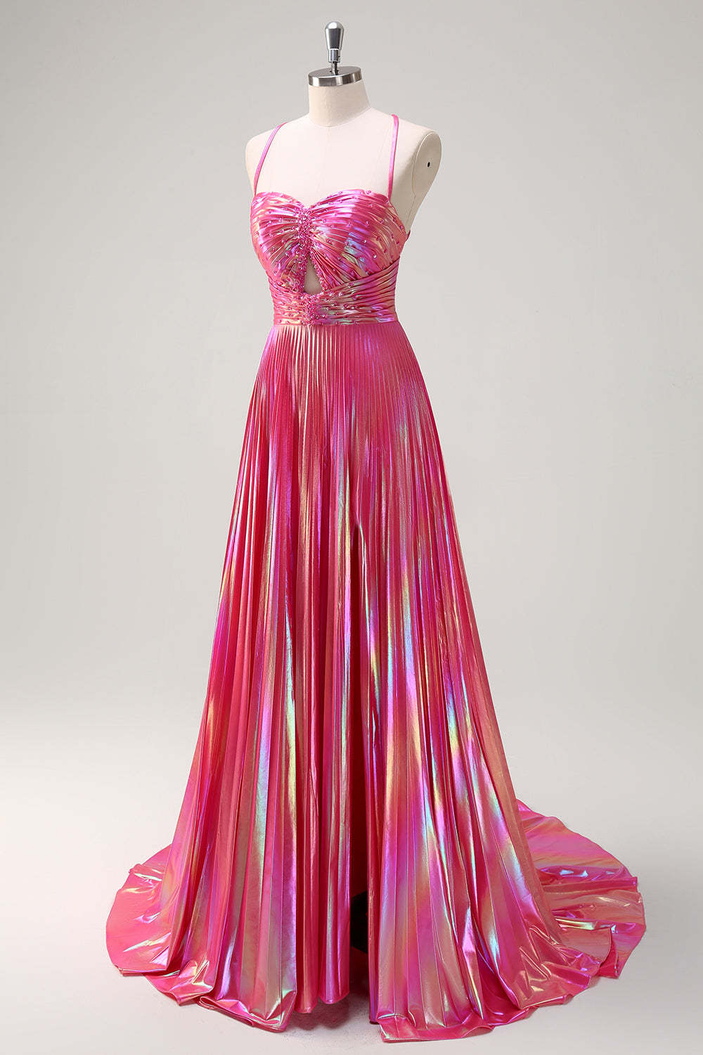 Dreamyannie Pink Prom Dress Metallic Pleated A-Line Long Formal Dress With Slit