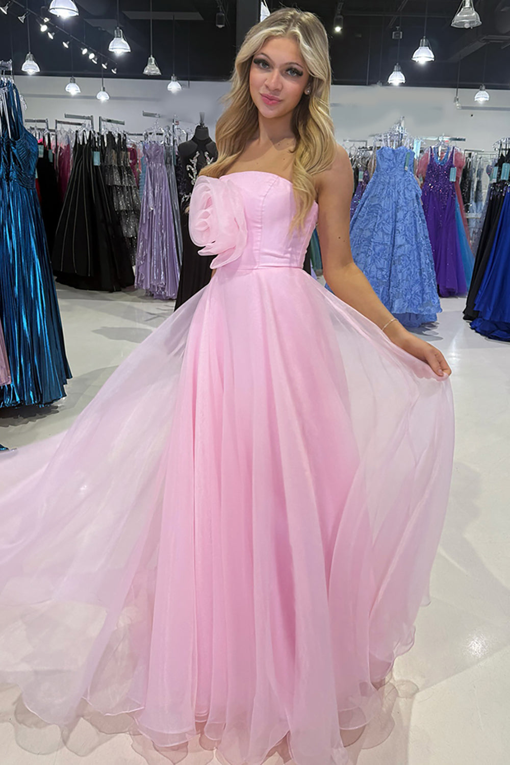 Dreamyannie Pink Prom Dress Organza Strapless A Line Long Pageant Dress With 3D Flower