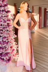 Dreamyannie Pink Prom Dress Sequins Corset Lace Mermaid Long Formal Dress With Slit