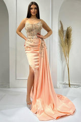 Dreamyannie Pink Prom Dress Sleeveless Beaded Satin Slit Panel Train Formal Dress With Rhinestones