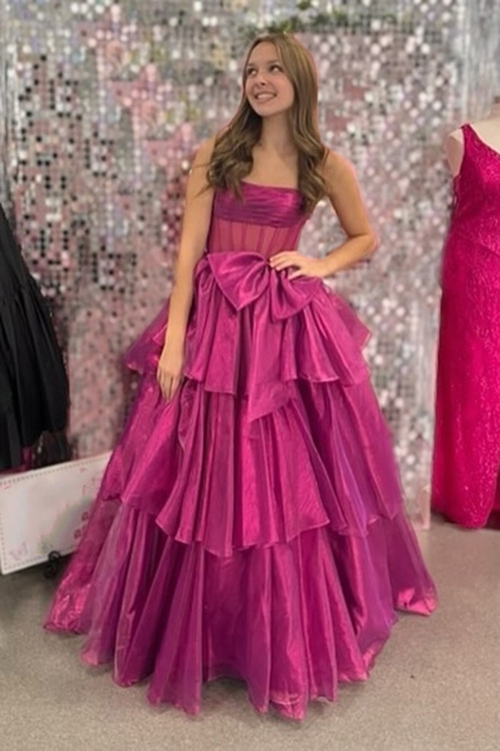 Dreamyannie Pink Prom Dress Strapless Ruffled Long Formal Dress With Bow