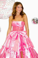 Dreamyannie Pink Prom Dress Strapless Ruffled Long Formal Dress With Bow