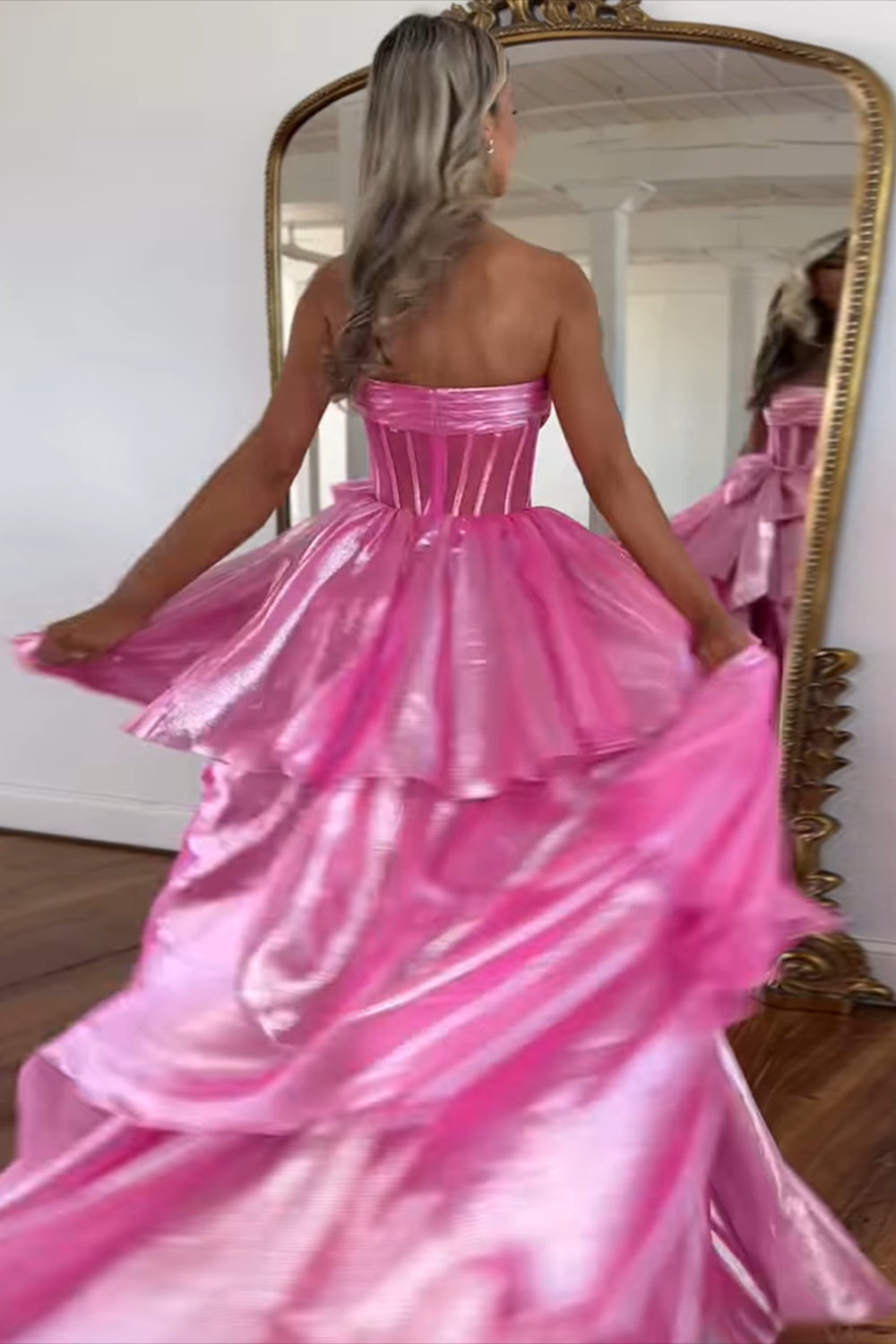 Dreamyannie Pink Prom Dress Strapless Ruffled Long Formal Dress With Bow