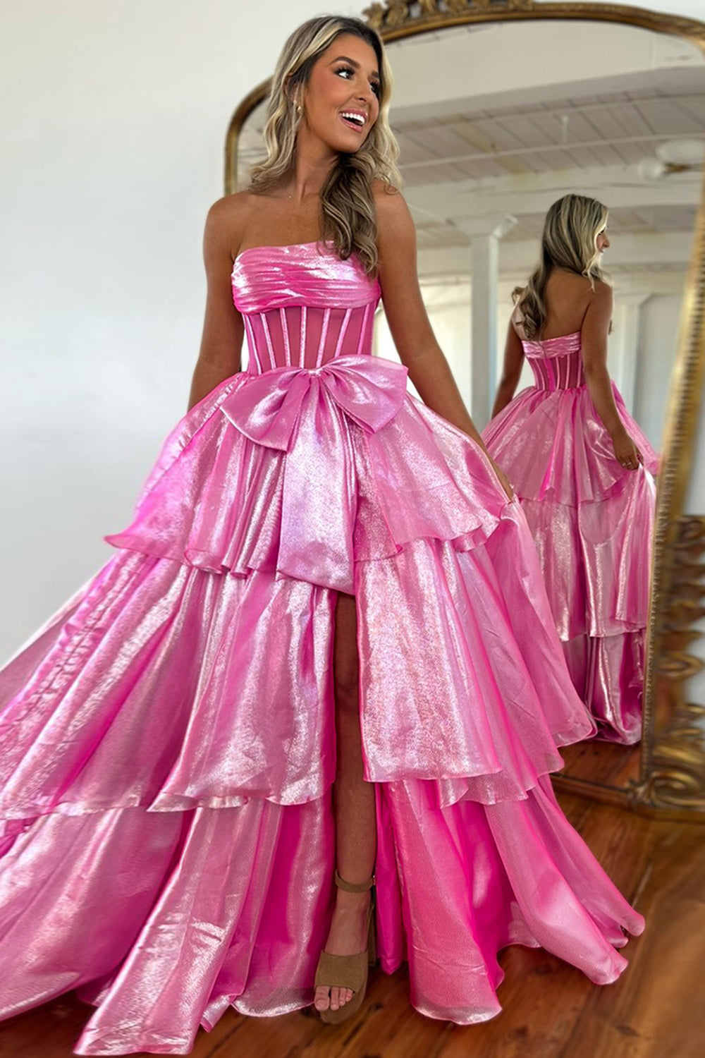 Dreamyannie Pink Prom Dress Strapless Ruffled Long Formal Dress With Bow