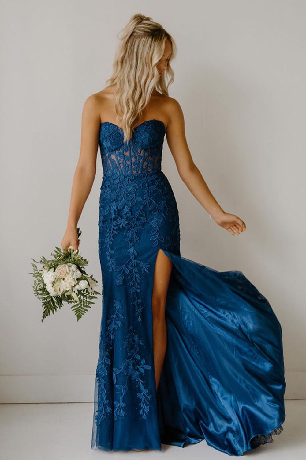 Dreamyannie Pink Prom Dress Sweetheart Corset Long Lace Formal Dress With Slit