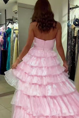 Dreamyannie Pink Prom Dress Tiered A-Line Strapless Long Formal Dress