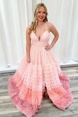 Dreamyannie Pink Prom Dress Tiered Ruched Spaghetti Straps A Line Long Formal Dress With Slit