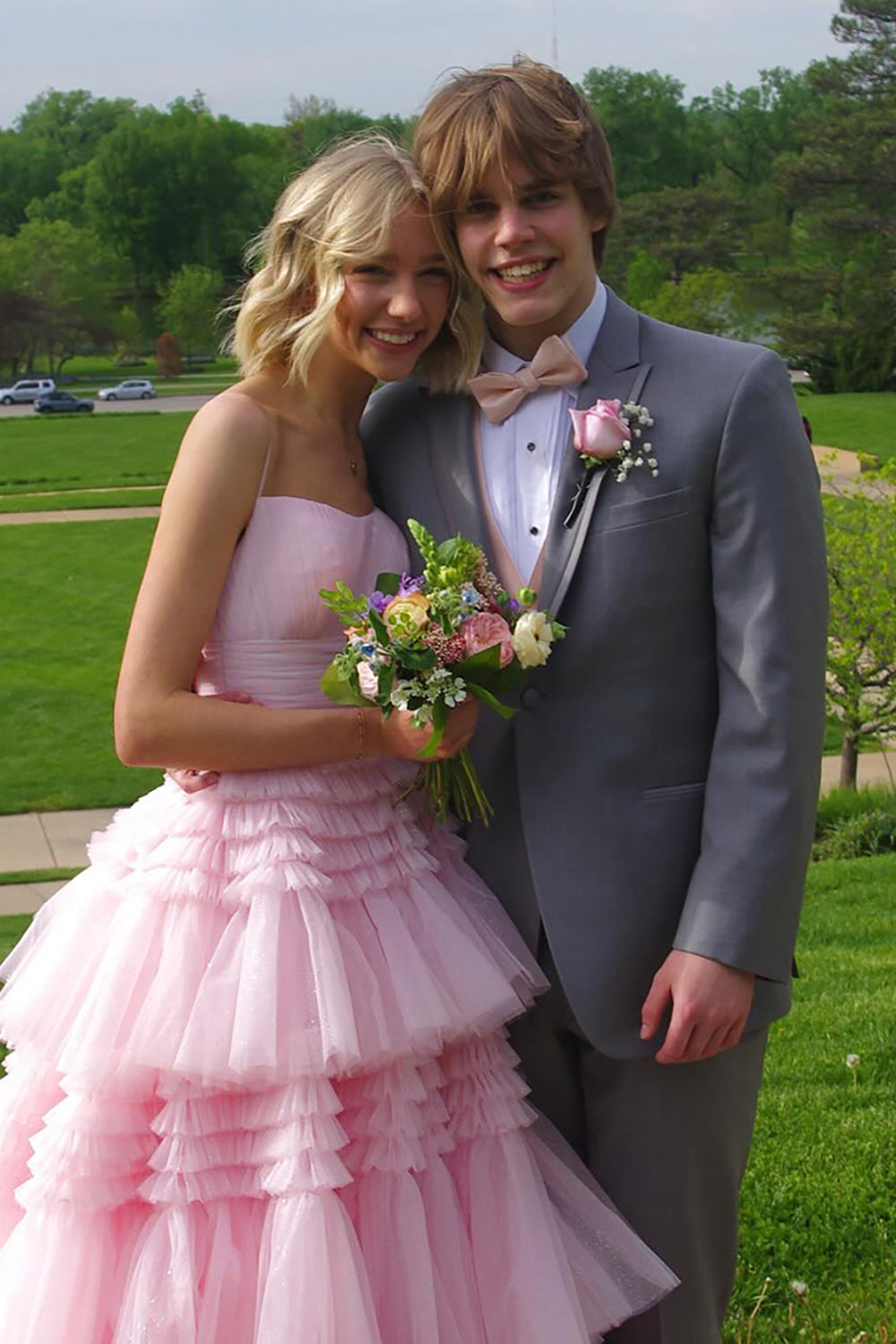 Dreamyannie Pink Prom Dress Tulle Tiered A-Line Spaghetti Straps Long Formal Dress