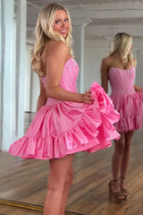 Dreamyannie Pink Satin Strapless Homecoming Dresses Ruffled Short Corset Cocktail Dresses With Pearls