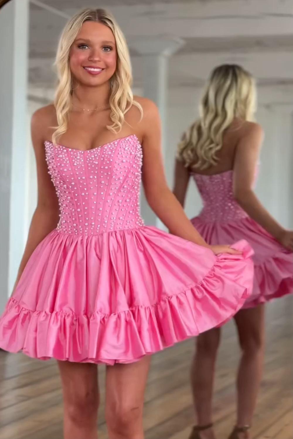 Dreamyannie Pink Satin Strapless Homecoming Dresses Ruffled Short Corset Cocktail Dresses With Pearls