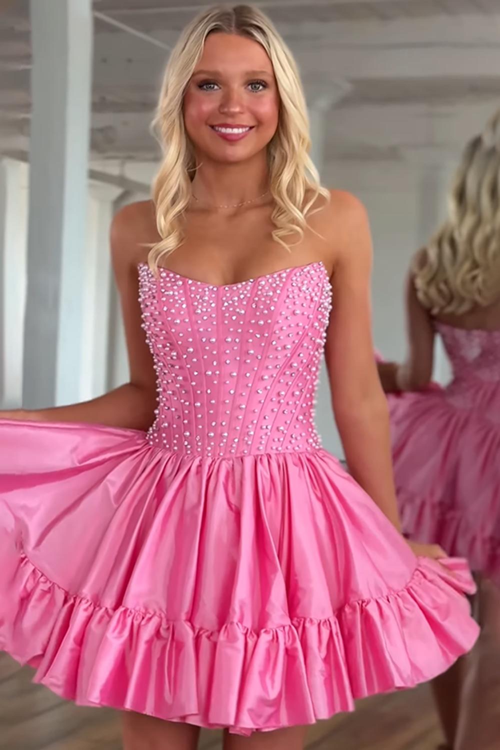 Dreamyannie Pink Satin Strapless Homecoming Dresses Ruffled Short Corset Cocktail Dresses With Pearls