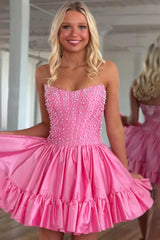 Dreamyannie Pink Satin Strapless Homecoming Dresses Ruffled Short Corset Cocktail Dresses With Pearls