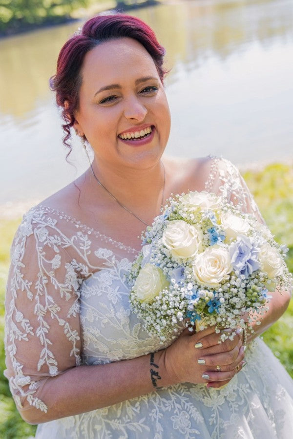 Dreamyannie Plus Size Wedding Dress 3/4 Sleeve A Line Tulle Bridal Gown with Lace Appliques