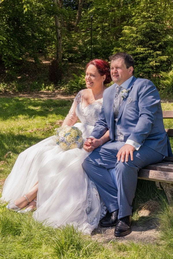 Dreamyannie Plus Size Wedding Dress 3/4 Sleeve A Line Tulle Bridal Gown with Lace Appliques