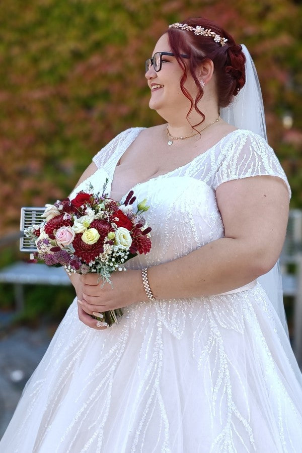 Dreamyannie Plus Size Wedding Dress V Neck Sparkly Cap Sleeve A Line Bridal Gown
