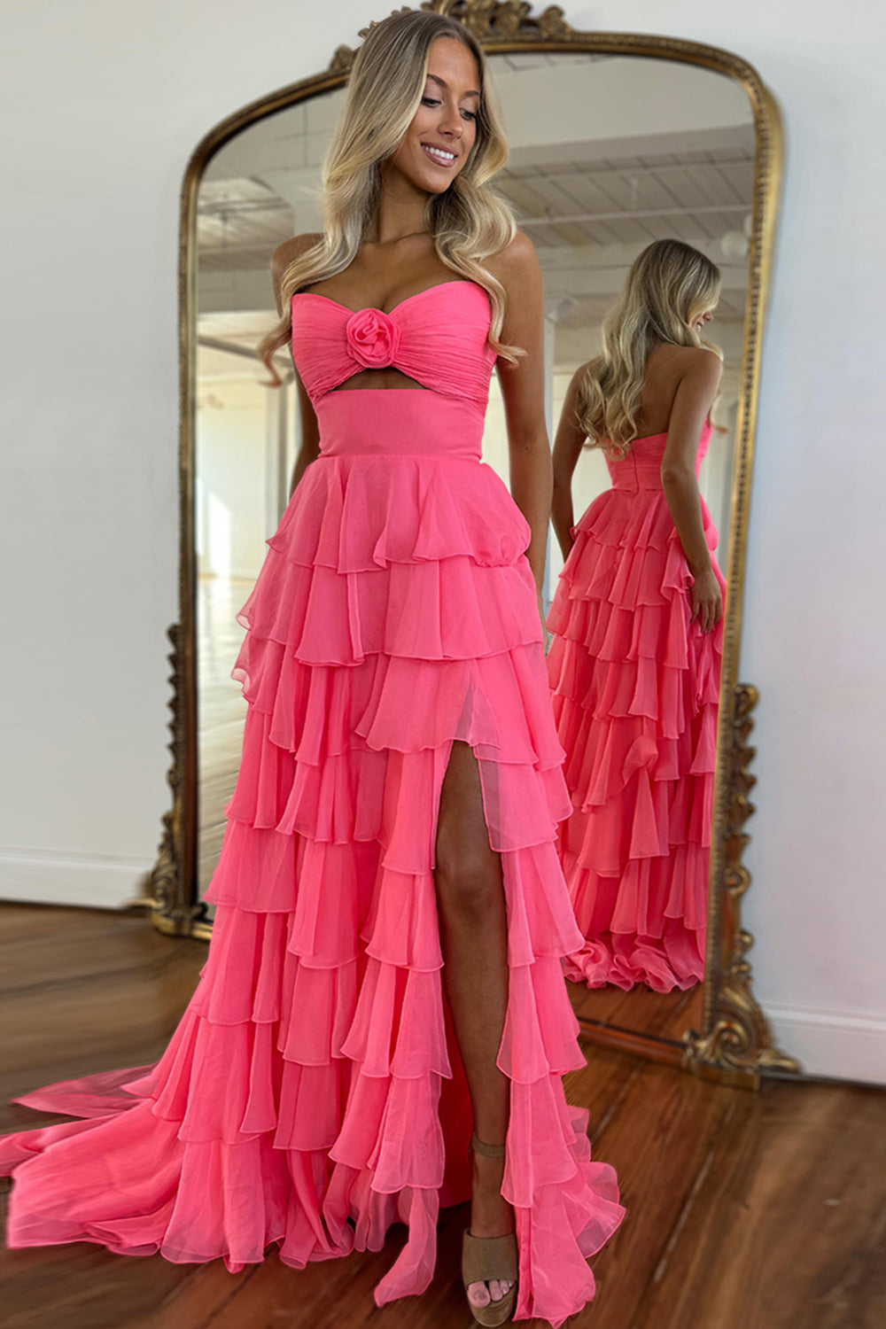Dreamyannie Princess Blush Prom Dress Sweetheart Ruffled Long Formal Dress With Slit