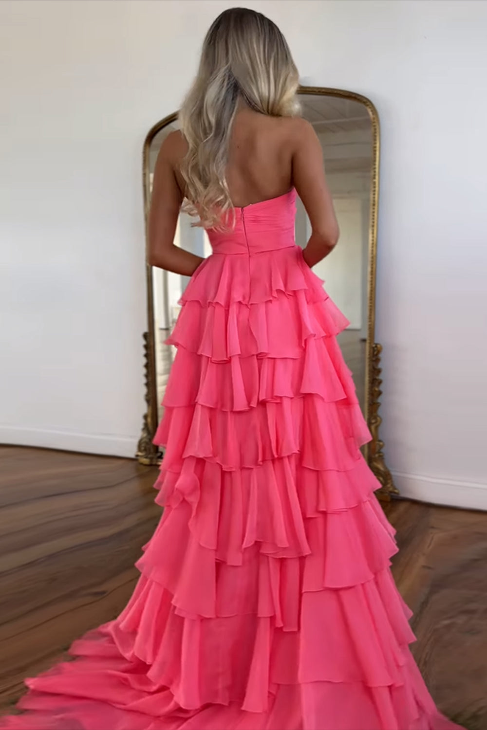 Dreamyannie Princess Blush Prom Dress Sweetheart Ruffled Long Formal Dress With Slit
