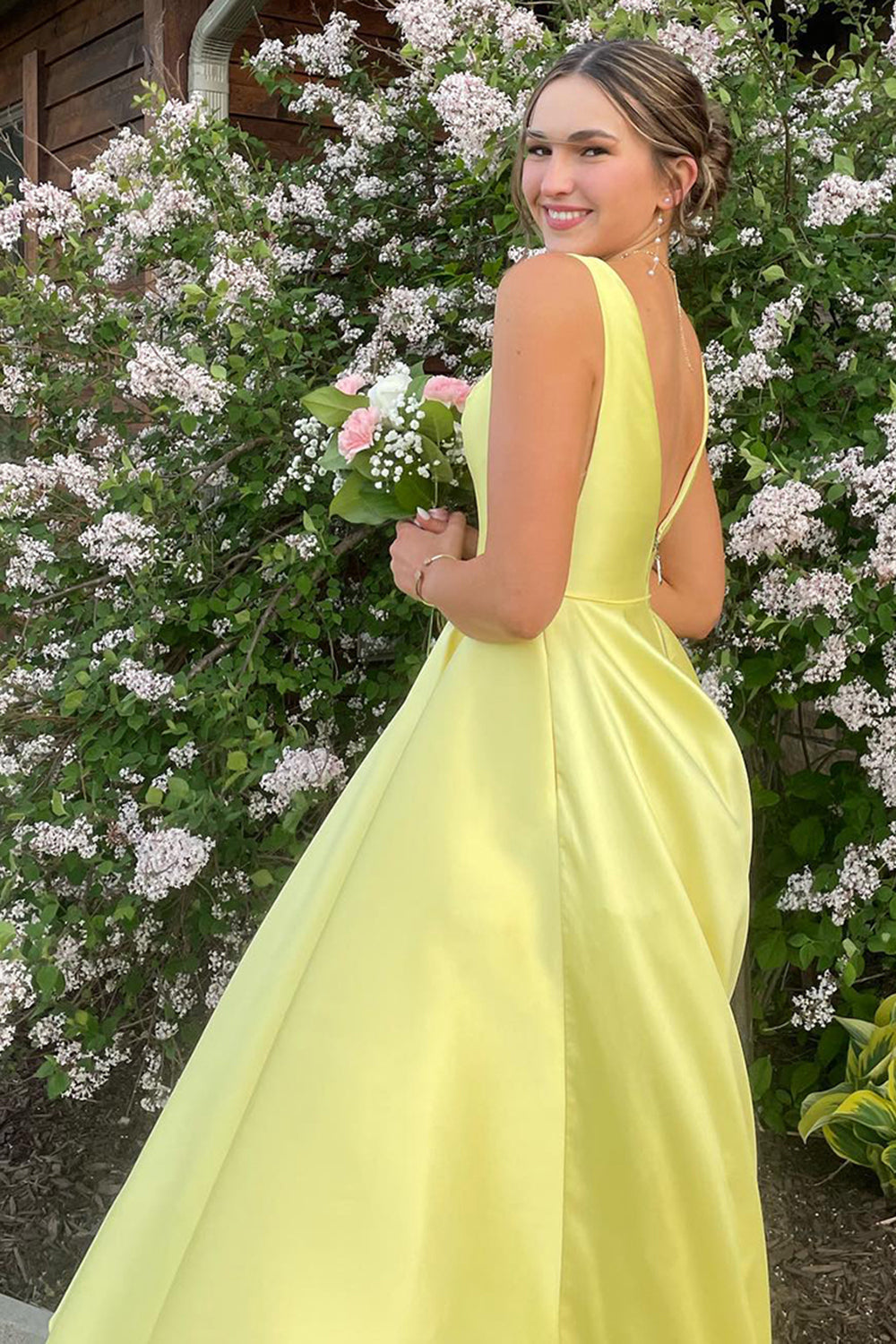 Dreamyannie Princess Yellow Prom Dress Satin A Line Long Formal Dress