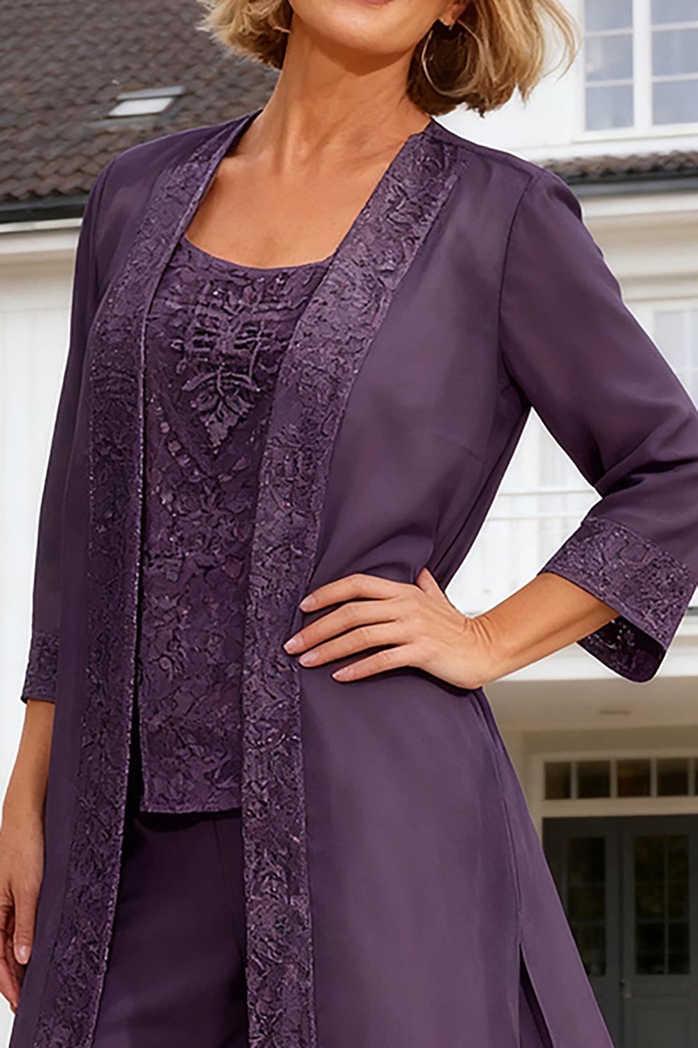 Dreamyannie Purple Chiffon Appliqued 3 Piece Mother Of The Bride Pant Suits With Jacket