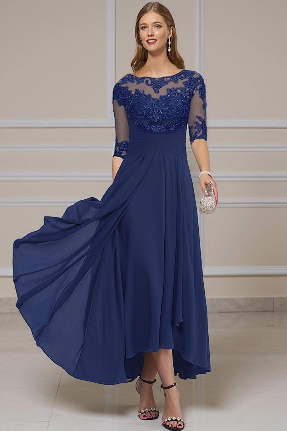 Dreamyannie Purple Chiffon Bateau Neck Ankle Length Mother Of The Bride Dress With Lace