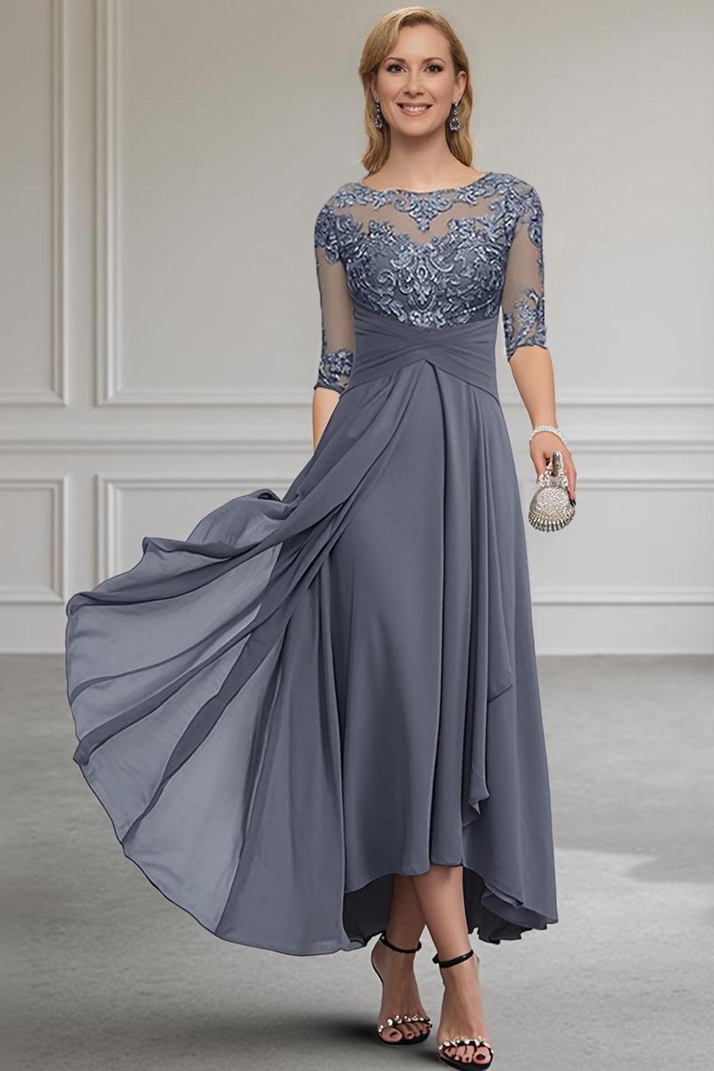 Dreamyannie Purple Chiffon Bateau Neck Ankle Length Mother Of The Bride Dress With Lace