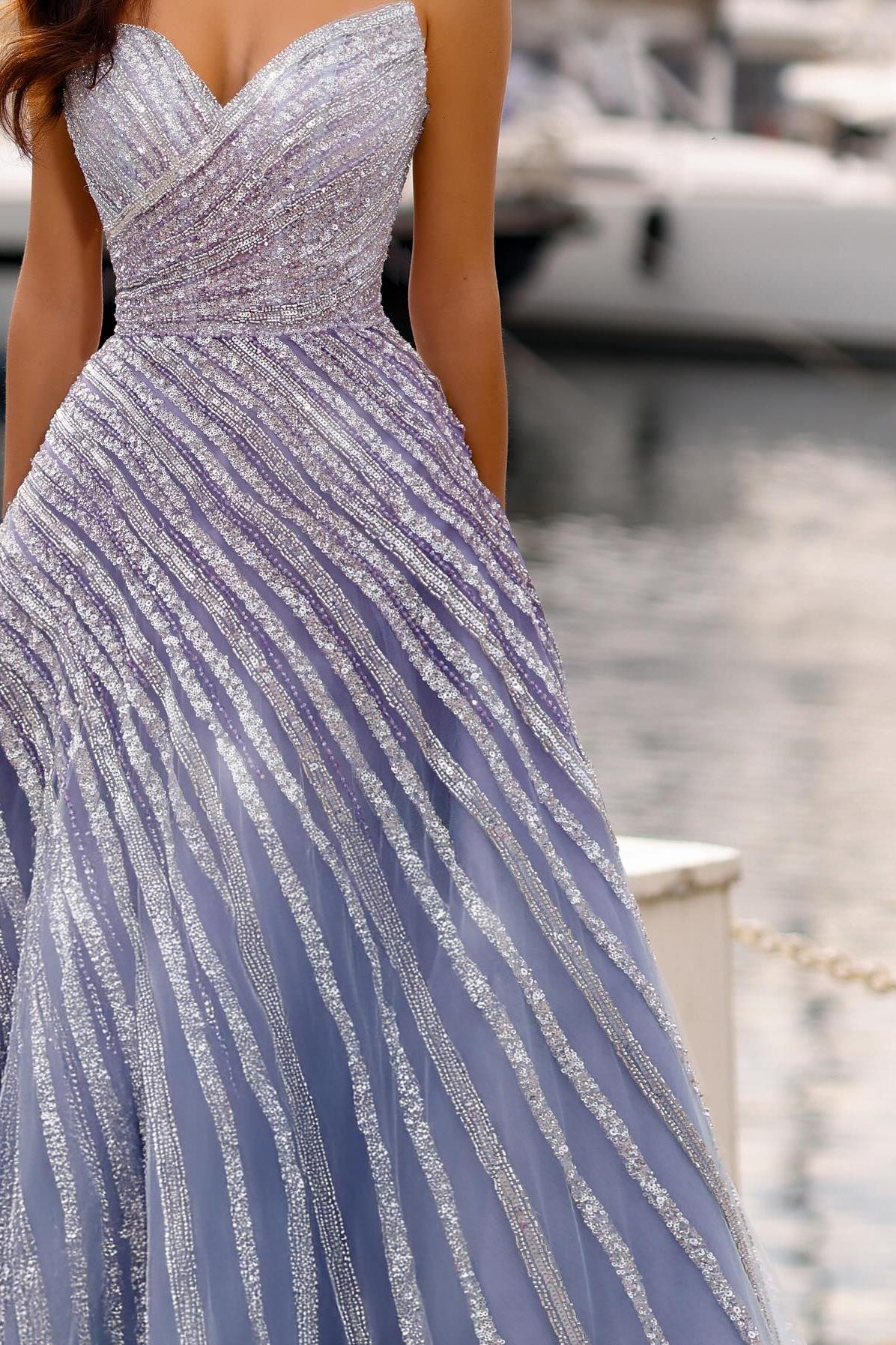 Dreamyannie Purple Prom Dress A Line Sweetheart Strapless Sleeveless Sequined Floor Length Tulle Formal Dress