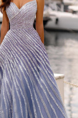 Dreamyannie Purple Prom Dress A Line Sweetheart Strapless Sleeveless Sequined Floor Length Tulle Formal Dress