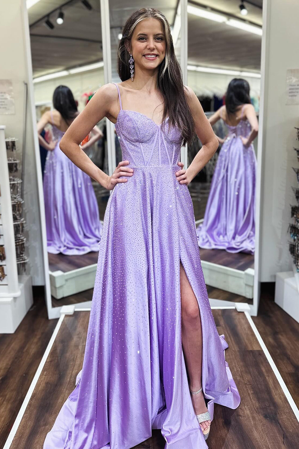 Dreamyannie Purple Prom Dress Beaded A-Line Spaghetti Straps Long Formal Dress With Slit