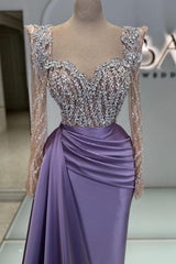 Dreamyannie Purple Prom Dress Beading Lace Sequined Formal Dress With Sleeves