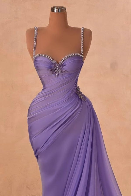 Dreamyannie Purple Prom Dress Mermaid Sweetheart Spaghetti Strap Beaded Sleeveless Chiffon Formal Dress
