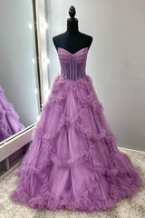 Dreamyannie Purple Prom Dress Ruffled A-Line Strapless Long Formal Dress