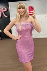 Dreamyannie Purple Strapless Homecoming Dresses Sequins Short Cocktail Dresses With Feather