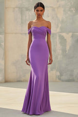 Dreamyannie Purple Wedding Guest Dress Mermaid Off The Shoulder Long Formal Dress With Ruch