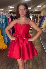 Dreamyannie Red A Line Homecoming Dresses Satin Short Corset Cocktail Dresses With Bows