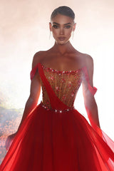 Dreamyannie Red Prom Dress A Line Off The Shoulder Chiffon Beading Formal Dress
