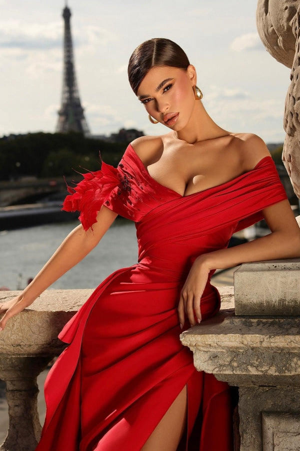 Dreamyannie Red Prom Dress A Line Off The Shoulder Formal Dress With Slit